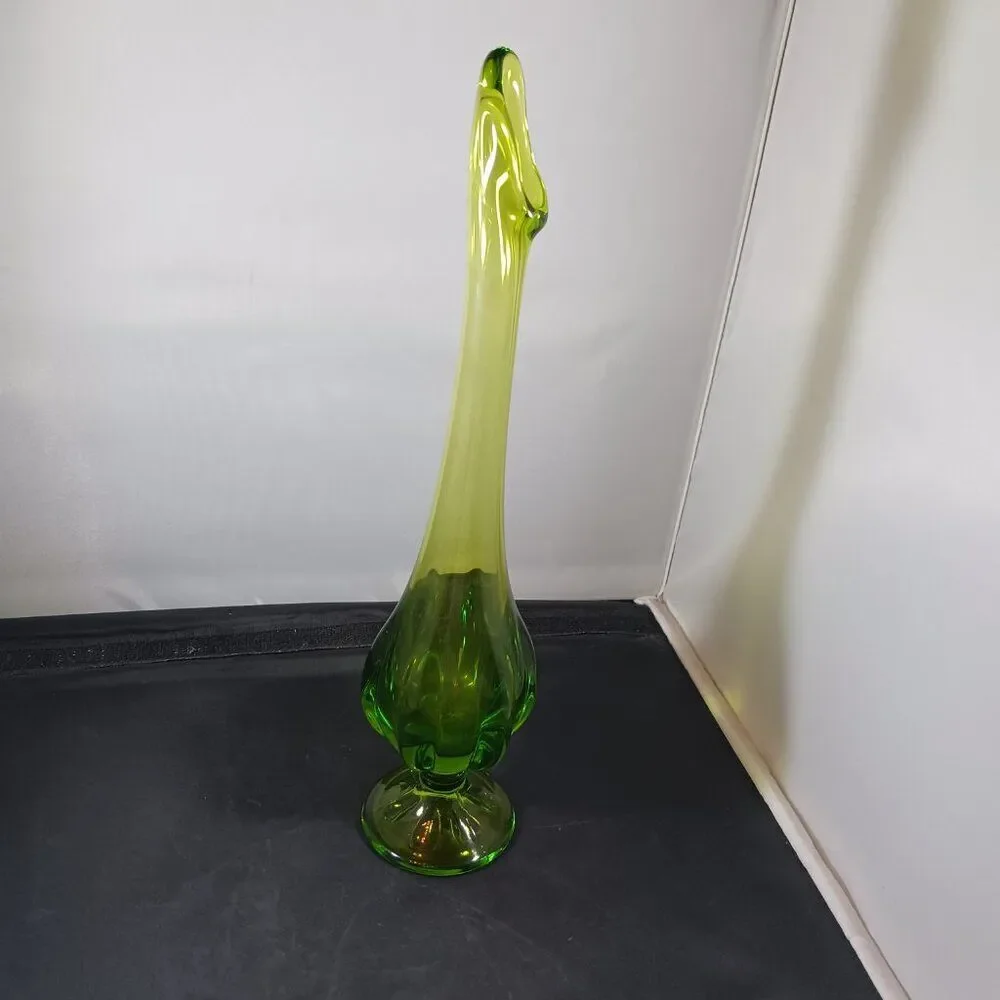 Vintage Viking Swung Vase Avocado Green Glass 6 Petal Base MCM 12